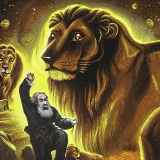 Image similar to Possessed Karl Marx stops a thousand giant lions from eating Earth, space telescope photography