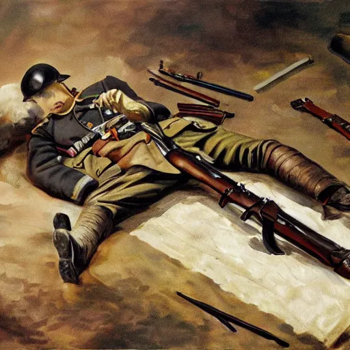 Image similar to a beautiful extremely complex painting of a german army in ww 1 lying down and his weapon next to him the army is tired of the war digital painting