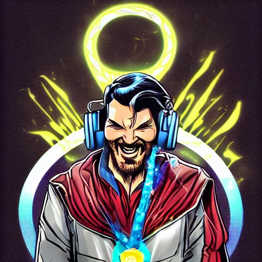 Image similar to artgerm, psychedelic laughing cybertronic dr. strange, rocking out, headphones dj rave, digital artwork, r. crumb, svg vector