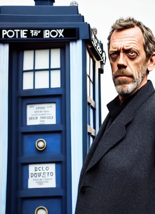 Image similar to dslr photo portrait still of hugh laurie as doctor who in front of the tardis, 8 k, 8 5 mm f 1. 4