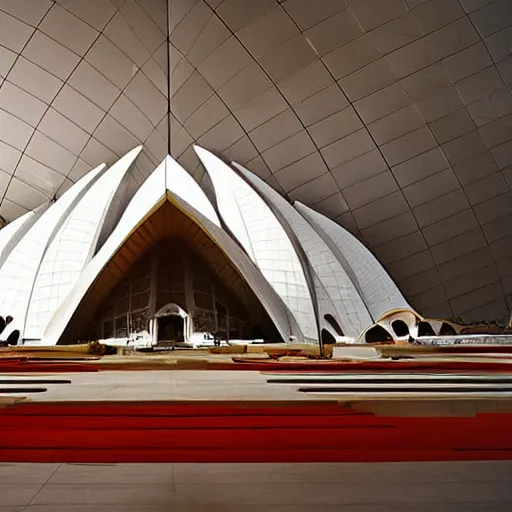 Image similar to futuristic lotus temple space station with gold, red and white marble panels, by zaha hadid and buckminster fuller and syd mead, intricate contemporary architecture, photo journalism, photography, cinematic, national geographic photoshoot