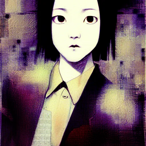 Image similar to yoshitaka amano blurred and dreamy realistic three quarter angle portrait of a young woman with short hair and black eyes wearing office suit with tie, junji ito abstract patterns in the background, satoshi kon anime, noisy film grain effect, highly detailed, renaissance oil painting, weird portrait angle, blurred lost edges