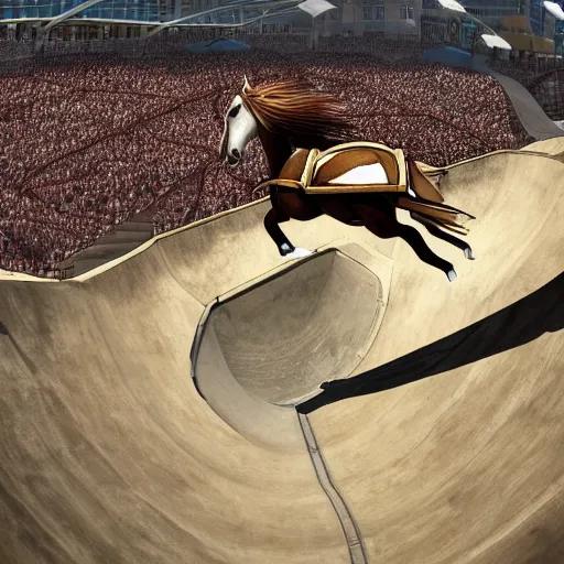 Image similar to roman horse chariot racer high jumping with chariot in a skate park half-pipe, video game cover, intense, high detail, crowd cheering