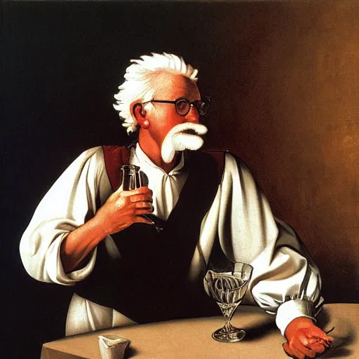 Prompt: Colonel Sanders holding a tankard, drunk. Painted by Caravaggio, high detail