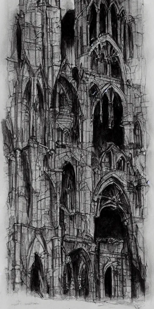 Prompt: a brilliant expressive ink sketch of a gothic ruin by josep tapiro baro in the style of romanticism art, dynamic lighting