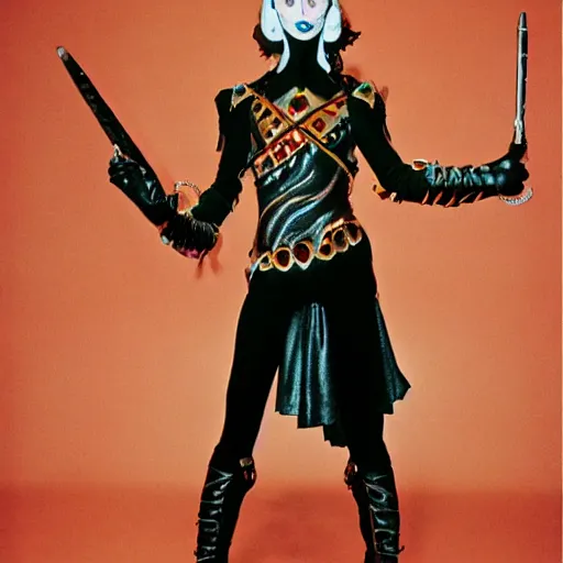 Image similar to klingon with telescopic limbs dressed in glam clothing, photo by cindy sherman