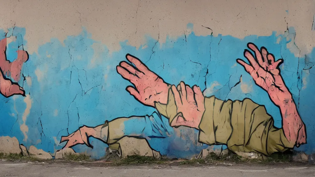 Prompt: mural of a hand breaking through a wall