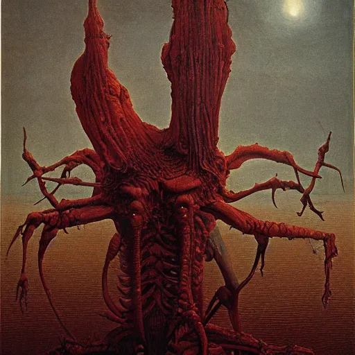 Image similar to beautiful hellish creature of scary doom master renaissance painting photorealism 8k high detail Sigma 85 mm f 1.4 Studio Light Studio Ghibli by zdzisław beksiński and h.r. giger