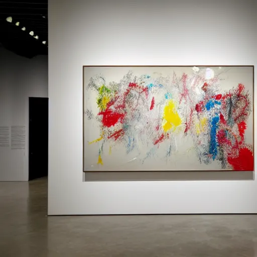 Image similar to large scale painting by cy twombly, guggenheim exhibition, white wall