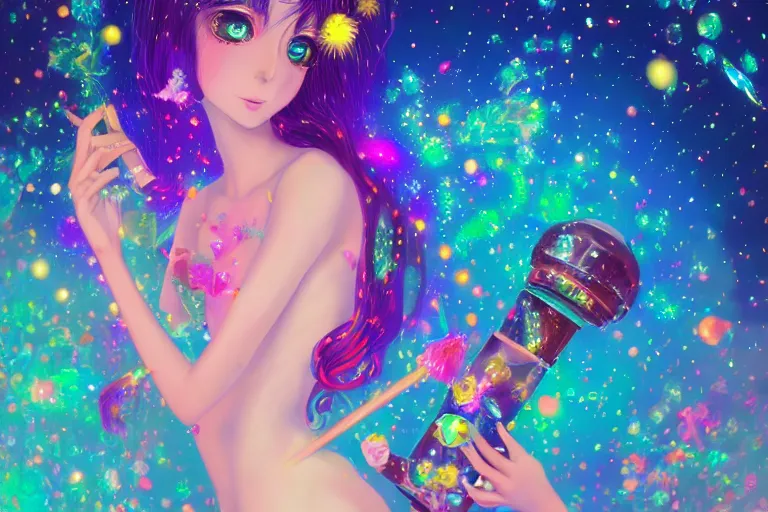 Image similar to psychedelic, whimsical, anime, 4k, beautiful lusty woman smoking a bong, with professional makeup, long trippy hair, a crystal and flower dress, sitting on a reflective pool, surrounded by gems, underneath the stars, rainbow fireflies, trending on patreon, deviantart, twitter, artstation, volumetric lighting, heavy contrast, art style of Greg Rutkowski and Miho Hirano