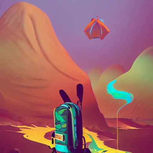 Image similar to excited wavy land backpack tequila, by beeple and simon bisley, tarot card, 2 d game art