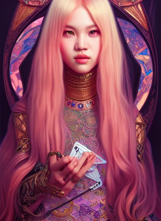 Image similar to jossi of blackpink, king, tarot card, highly detailed, digital painting, smooth, sharp focus, illustration, ultra realistic, unreal engine, 8 k, art by artgerm and alphonse mucha