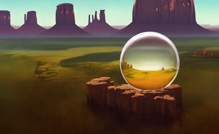 Prompt: a scary hyperrealist painting of a tribal village in a giant transparent forcefield crystal ball from howl's moving castle ( 2 0 0 4 ) in a flooded monument valley stonehenge jungle. depth perception, 4 k, artstation, in the style of studio ghibli