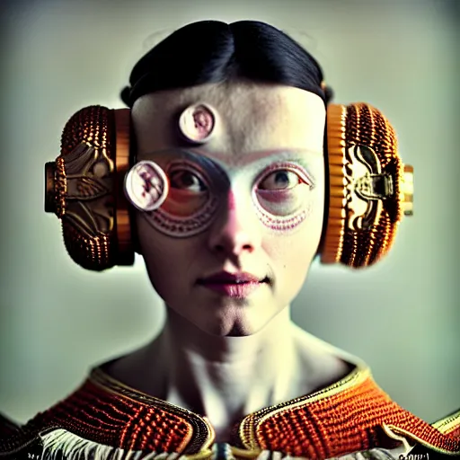 Image similar to Colour aesthetic Caravaggio style full body Photography of Highly detailed beautiful Woman with 1000 year detailed face and wearing detailed Ukrainian folk costume also wearing highly detailed retrofuturistic sci-fi Neural interface designed by Hiromasa Ogura . Many details In style of Josan Gonzalez and Mike Winkelmann and andgreg rutkowski and alphonse muchaand and Caspar David Friedrich and Stephen Hickman and James Gurney and Hiromasa Ogura. Rendered in Blender and Octane Render volumetric natural light