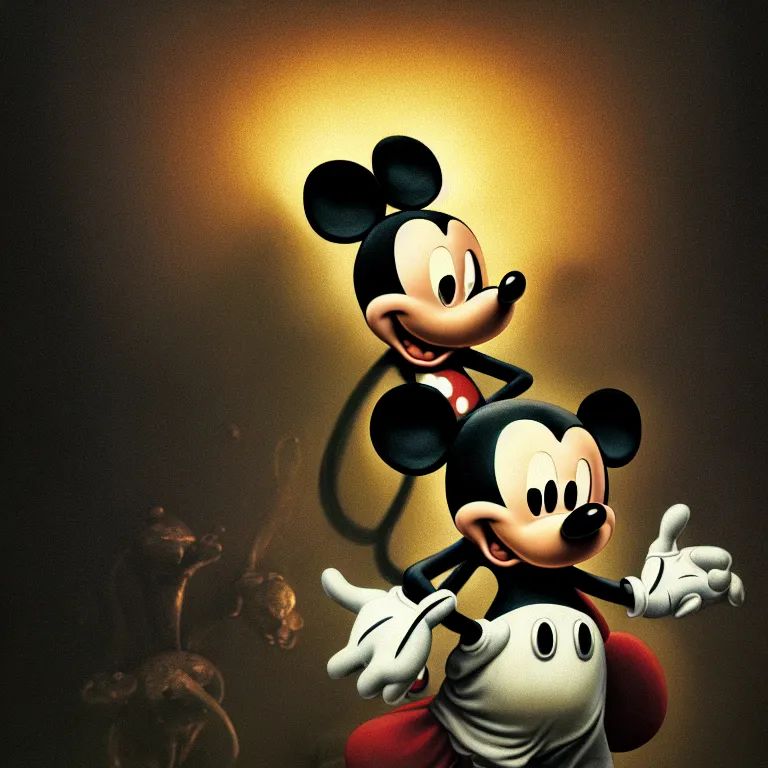 Image similar to portrait of mickey mouse, by hieronymus bosch, soft bloom lucid dream - like dark atmosphere, baroque portrait painting, perfect composition, intricate detailed octane render trending on artstation, 8 k artistic photography, volumetric cinematic perfect light, chiaroscuro, masterpiece, raphael, caravaggio, rutkowski, beeple, beksinski