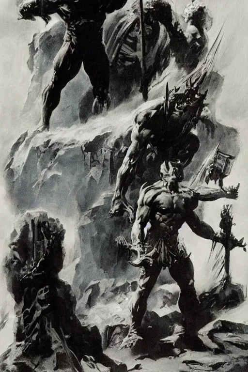 Image similar to Artwork by Frank Frazetta of the cinematic view of the Cenotaph of Ever-changing Blasphemy.