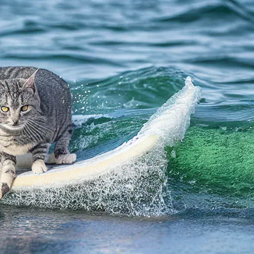 Prompt: a grey tabby cat surfing on a million fish