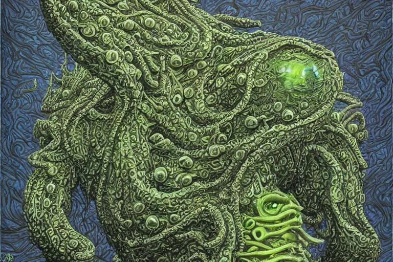 Prompt: lovecraftian eldritch monster made of limes by wayne barlowe. 8 k intricate details hypermaximalist 2 d