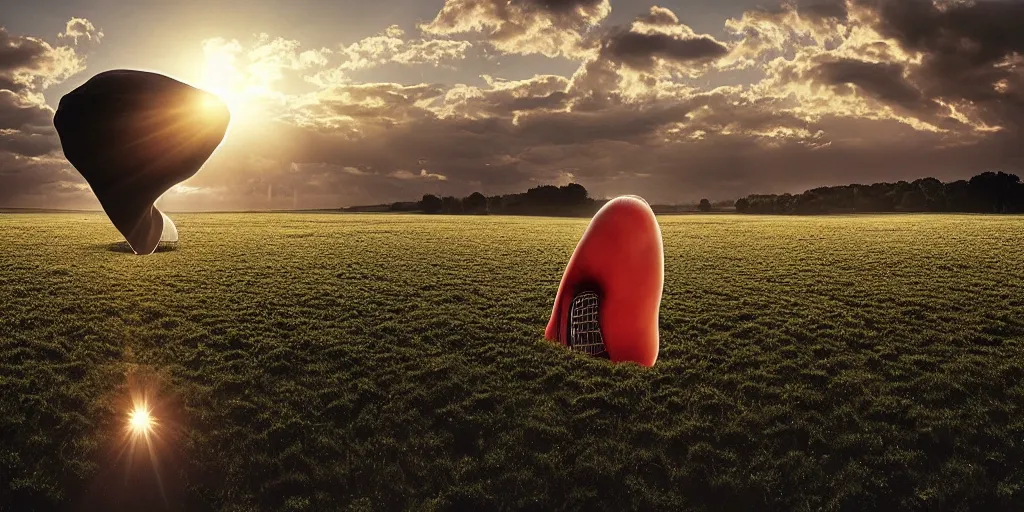 Prompt: hipgnosis storm thorgerson artwork a giant ear floating above a field in england at sunrise