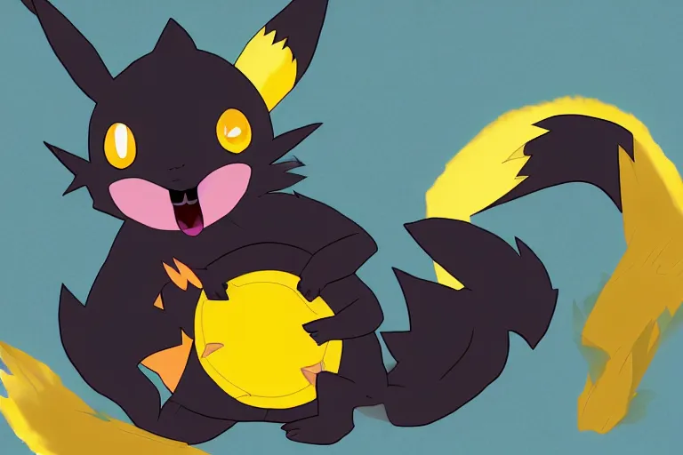 Prompt: zorua the black and maroon fox - like pokemon playing with a yellow and black pikachu, digital anime art