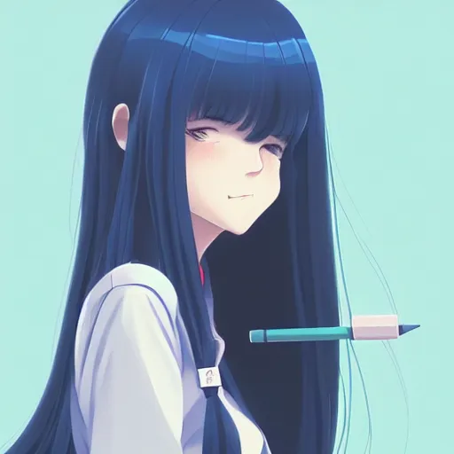 Image similar to urban school girl in shirt fanart, dark blue long hair, muted colors, matte print, pastel colors, ornate, digital art, cute smile, digital painting, fan art, elegant, pixiv, by Ilya Kuvshinov, by Studio Ghibli