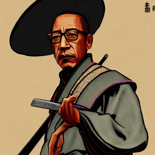 Image similar to gus fring from breaking bad wearing samurai armor and holding a katana in feudal japan, 4 k, hyper realistic, ink block painting, edo period