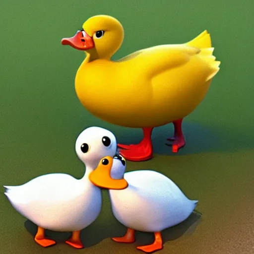 Image similar to Cute little duck family, still from a pixar!! movie