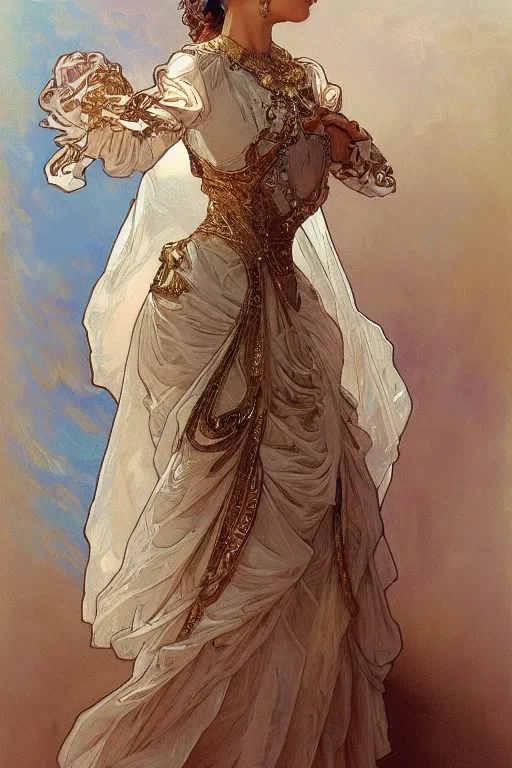 Image similar to portrait of a girl wearing an ornate gold and white dress, full body shot, highly detailed fantasy artstation artgerm alphonz mucha