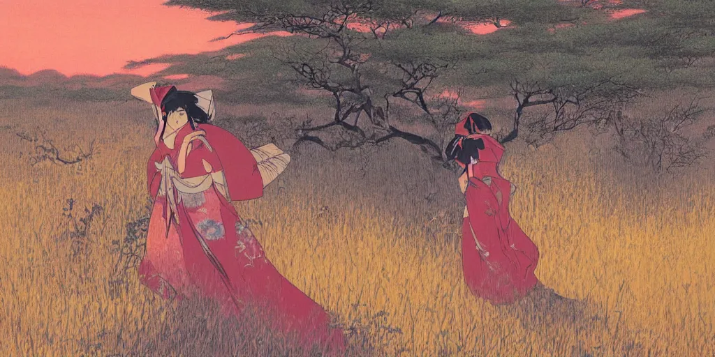 Image similar to anime woman in the savannah at golden hour by kitano tsunetomi, 1 9 3 9