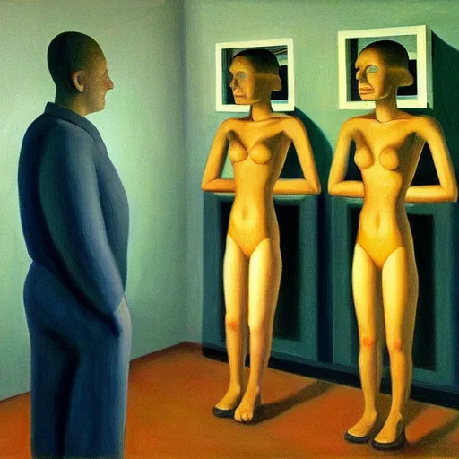 Prompt: human cloning facility, grant wood, pj crook, edward hopper, oil on canvas