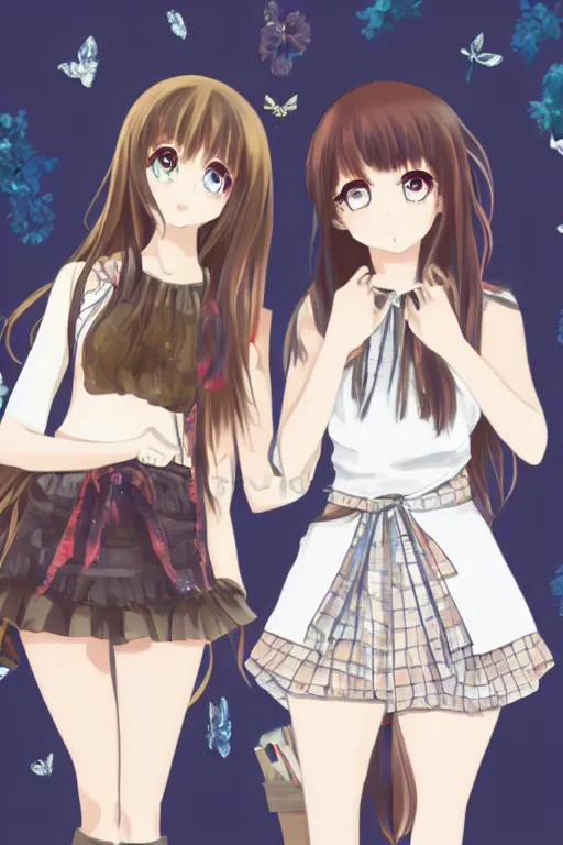 Image similar to two beautiful female idols in causal clothes standing face to face, detailed anime art