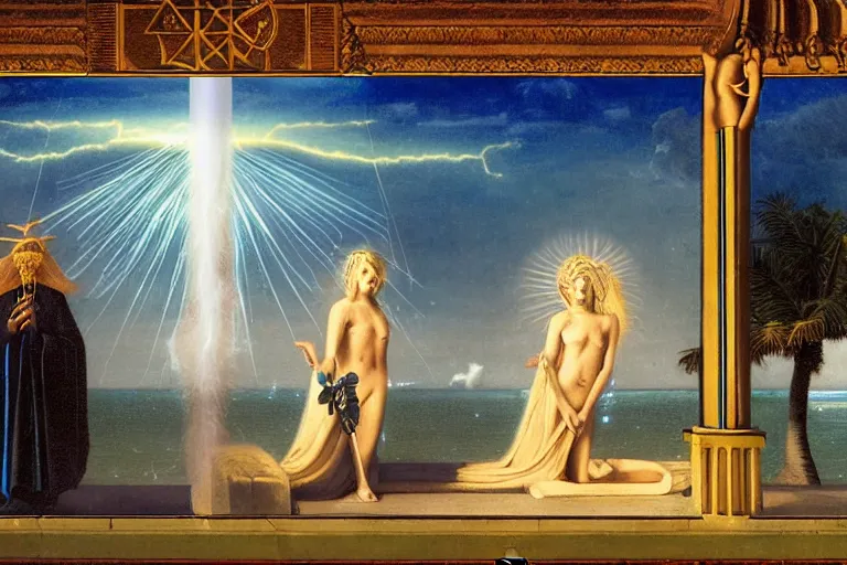 Image similar to Occult spirit on front of balustrade and palace columns, refracted lightnings on the ocean, thunderstorm, tarot cards characters, beach and Tropical vegetation on the background major arcana sky and occult symbols, by paul delaroche, hyperrealistic 4k uhd, award-winning, very detailed paradise