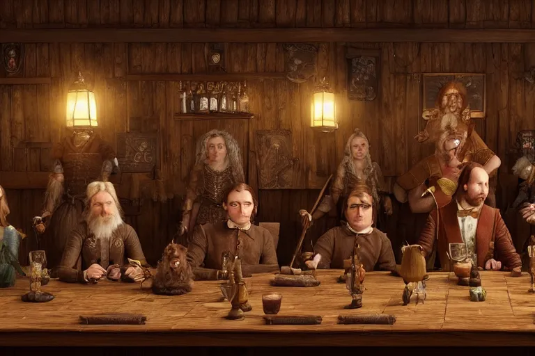 Prompt: A group of High Fantasy Creatures lined up for a portrait in a tavern, Screenshot of Wes Anderson's New RPG Movie, Photo realistic, Regal, Formal, Symmetrical, Satisfying, Dynamic lighting, Highly Detailed, Cinematic Lighting, 8k, HD