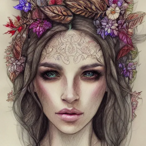 Image similar to a drawing of a beautiful woman dressed in flowers and leaves standing in an enchanted forest, high fantasy, elegant, epic, detailed, intricate, pencil and watercolor, concept art, realistic detailed face, smooth, focus, rim light,