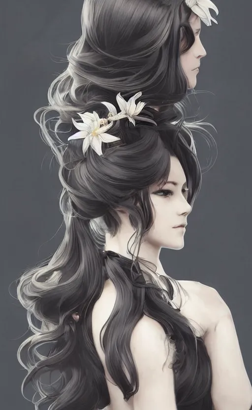 Image similar to beautiful long hairstyle with a lily and a few pearls, pinterest hair picture, back of the hair, hair is the focus, In style of Yoji Shinkawa, krenz cushart, Greg Rutkowski, highly detailed