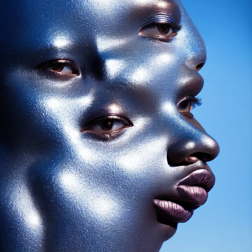 Prompt: portrait of metallic face, african woman, mercury, reflections, liquid metal, proud looking, outdoor, nature, blue sky, 8 k, realistic, depth of field, highly detailed, art photography