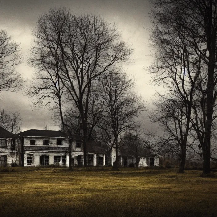 Prompt: a building in a serene landscape, horror fiction