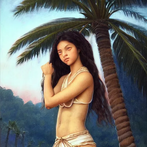 Prompt: a ultradetailed beautiful painting of a latina brazilian girl holding a bow in the beach doric temple by hsiao ron cheng, ngai victo, nivanh chanthara jean delville wlop and dougherty patrick, trending on artstation, mediterranean, palm trees, light sparkles, major arcana sky, sharp focus, soft light