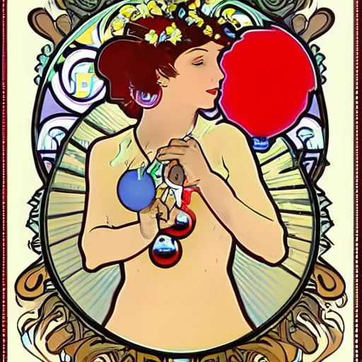 Image similar to balloon pop art in the style of alphonse mucha