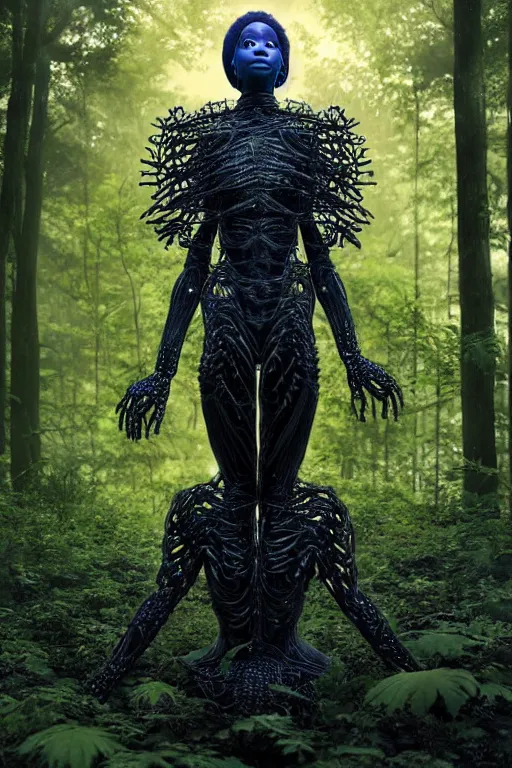 Prompt: neo-surreal very beautiful! black woman, detailed exoskeleton armor in a forest, sun behind her, concept art brad kunkle elson peter, dramatic blue light low angle hd 8k sharp focus