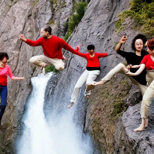 Image similar to group of people dancing and falling down a cliff