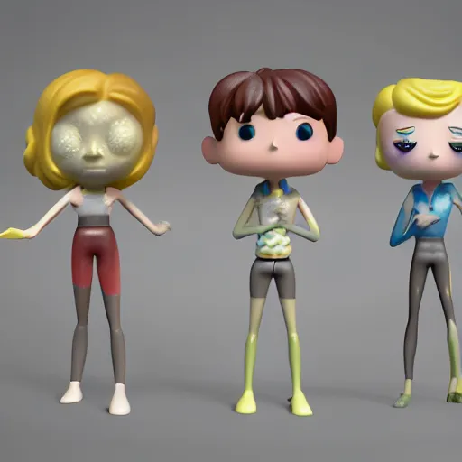 Image similar to single crazy melting plastic toy Pop Figure characterdesign product, C4d, by pixar, by dreamworks, in a Studio hollow, surrounded by flying particles