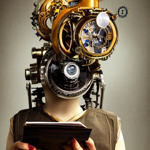 Image similar to a beautiful intricate fine art portrait photo of a happy mechanical industrial steampunk robot reading a letter of admission held in hands, by anna dittman and zach sutton, eyes glowing, happiness!, perfection!, studio lighting, golden ratio composition, 50mm lens, bionic, cybernetic scifi, deep depth of field, artstation, 8K