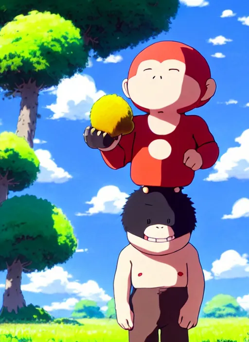 Image similar to wholesome cartoon anime gorilla holding a very small red mushroom, big smile on face, sunny sky background, lush landscape, illustration concept art anime key visual trending pixiv fanbox by wlop and greg rutkowski and makoto shinkai and studio ghibli and kyoto animation, symmetrical facial features,