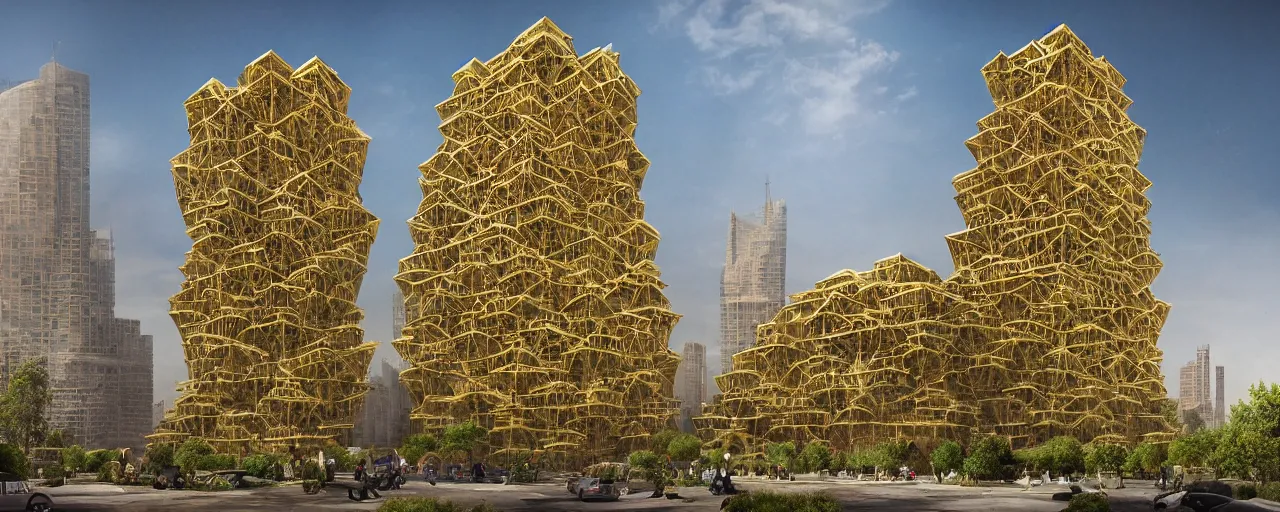 Prompt: babylon tower, stacked volumes, vegetated roofs, golden architecture, golden intricate details, ancient sacred geometry