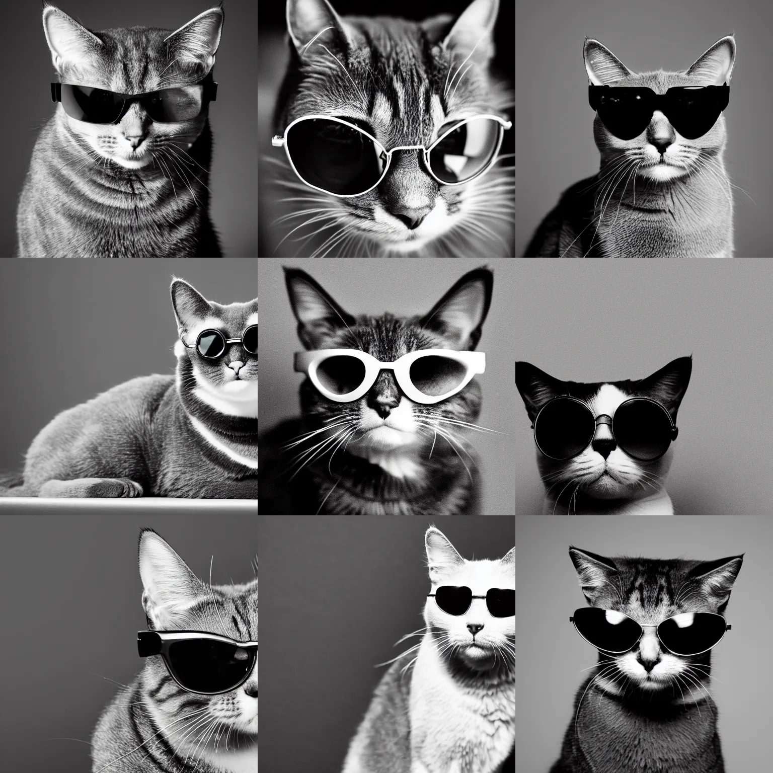 Prompt: a grayscale photo of a cat with sunglasses on black background