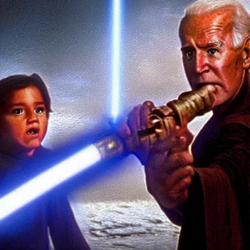 Prompt: a still from star wars : the phantom menace, showing joe biden!!! as a jedi, having a lightsaber duel with spider - man