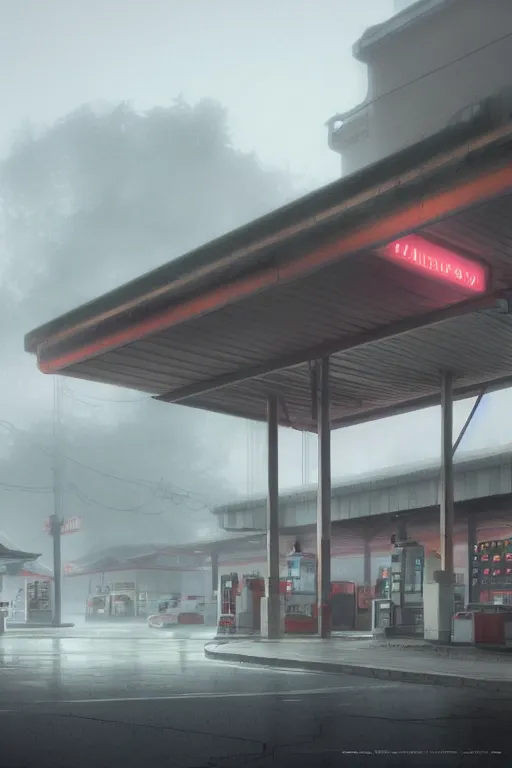 Image similar to a highly detailed matte painting of a single gas station with a sign in the fog by studio ghibli, makoto shinkai, by artgerm, by wlop, by greg rutkowski, volumetric lighting, octane render, 4 k resolution, trending on artstation, masterpiece