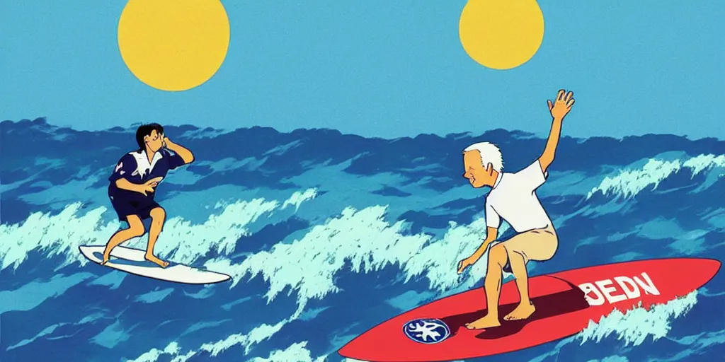 Prompt: joe biden surfing campaign poster, hawaii studio ghibli