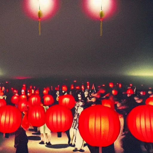 Prompt: a tiny dark black night club with a few red chinese lanterns, people's silhouettes close up, people dancing, surrealism